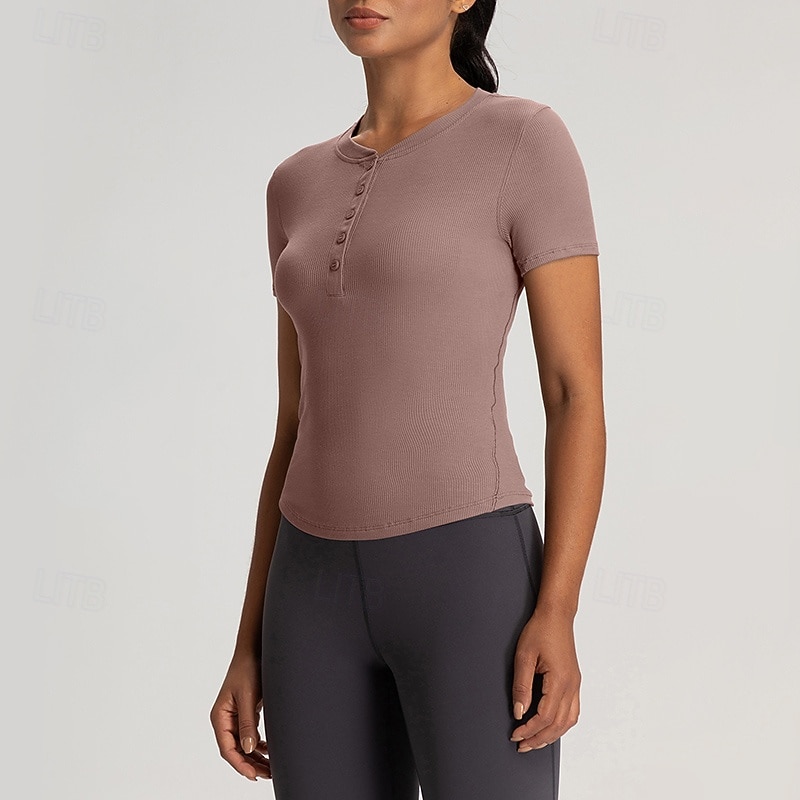Women's Yoga T-shirt Henley Collar Stretchy Breathable Short Sleeve Sports Solid Color Top For Pilates Running Yoga Activewear