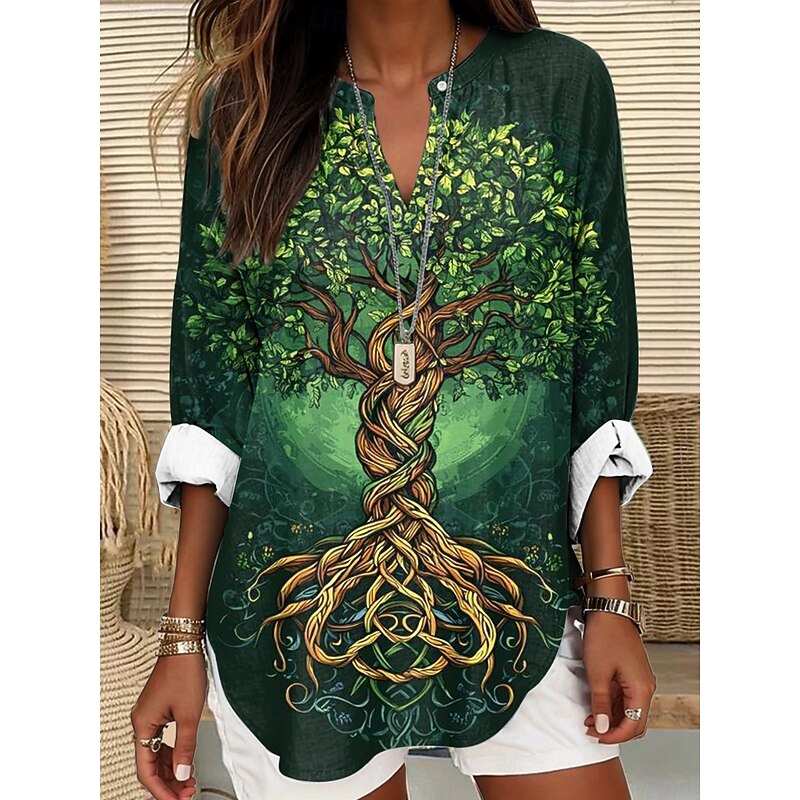 Women's Blouse Tunic V Neck Long Sleeve Boho Casual Tree of Life Merkabah Floral Graphic Leaf Elegant Stylish Regular Tops Daily Print Blue Dusty Blue Light Purple Purple Brown3