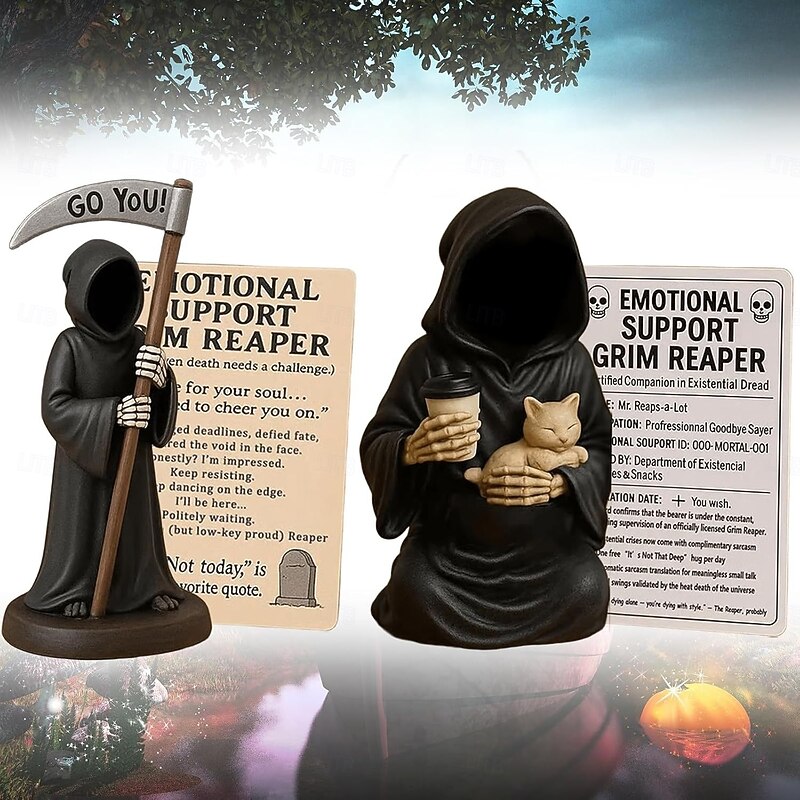 Emotional Support Grim Reaper Figurine Halloween Grim Reaper Statue with Emotional Support Card Gothic Gifts for Adults & Teens - Existential Dread Companion