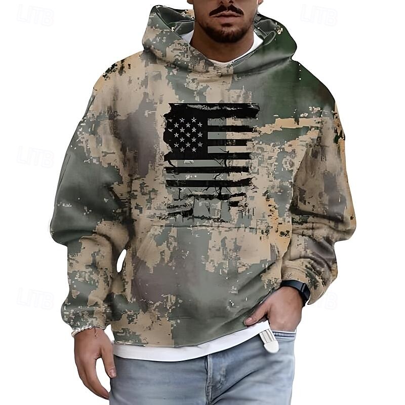 Men's Hoodie Green Light Green Gray Hooded Camo / Camouflage American Flag Front Pocket Daily Holiday Going out Polyester Streetwear Casual Fall Winter Clothing Apparel Hoodies Sweatshirts3