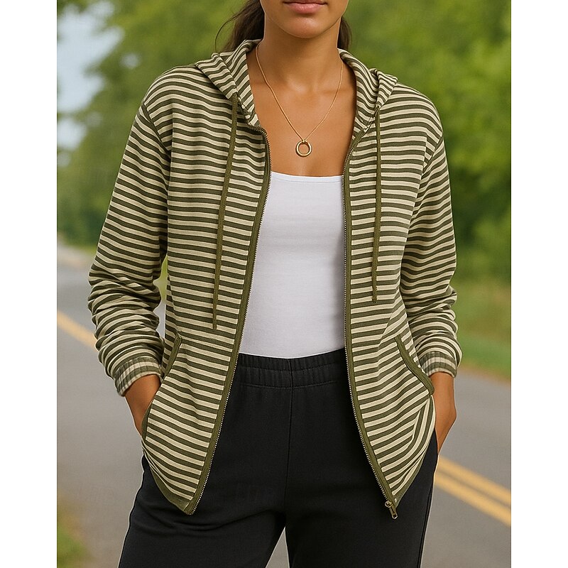 Women's Hoodie Casual Jackets Drawstring Pocket Long Sleeve Top Athleisure Fall Striped Sun Protection Windproof Outdoor Running Sportswear Activewear Green3