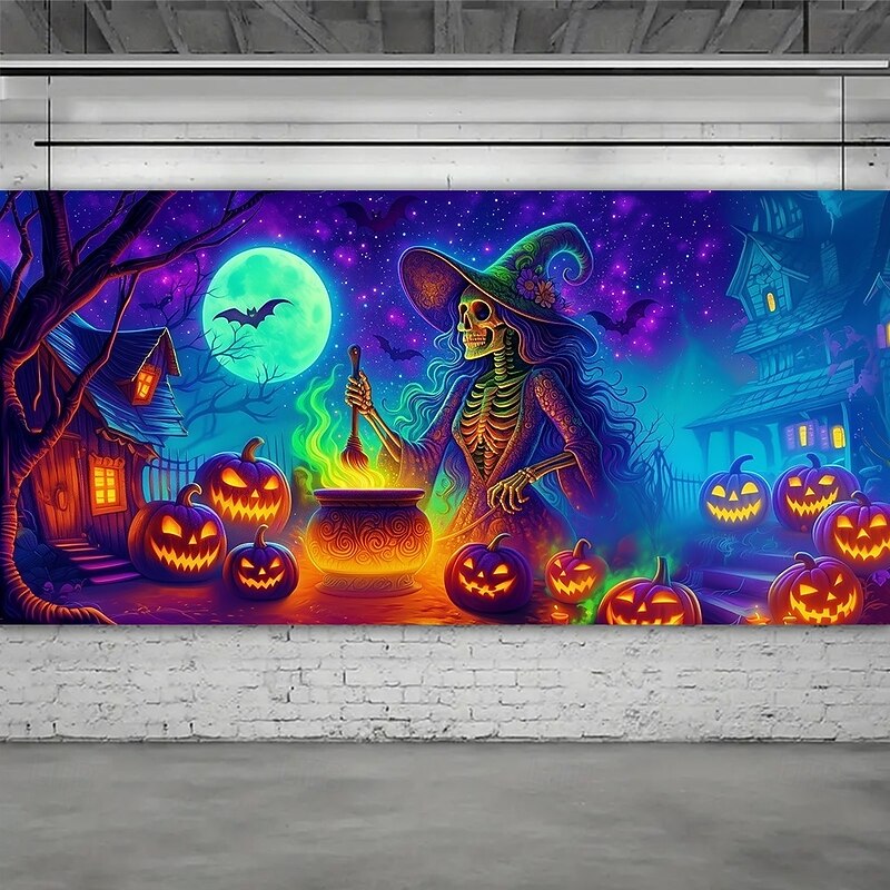 Halloween Garage Door Cover Neon Dancing Skeletons with Pumpkins Banner, Glowing Blacklight Backdrop Decoration for Holiday Outdoor Garage Door and Home Wall, 2025 Halloween Decorations3