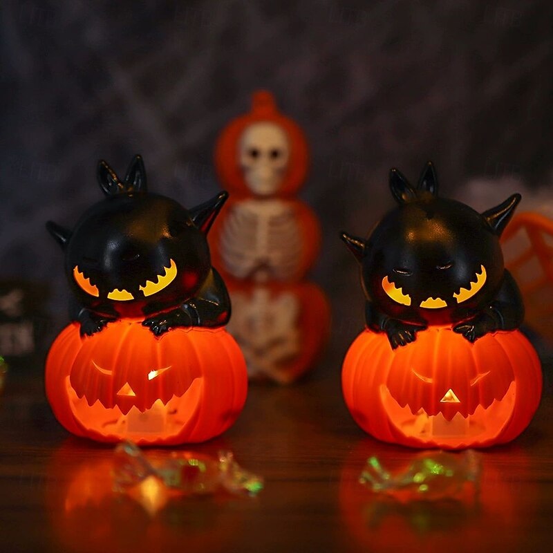 2 Pcs Halloween Pumpkin Lantern Home Decoration Props Electronic Candle Light Ghost Festival Party Supplies Bar Haunted House Decorations Night Light Black Cat Skull Eyeball Light2
