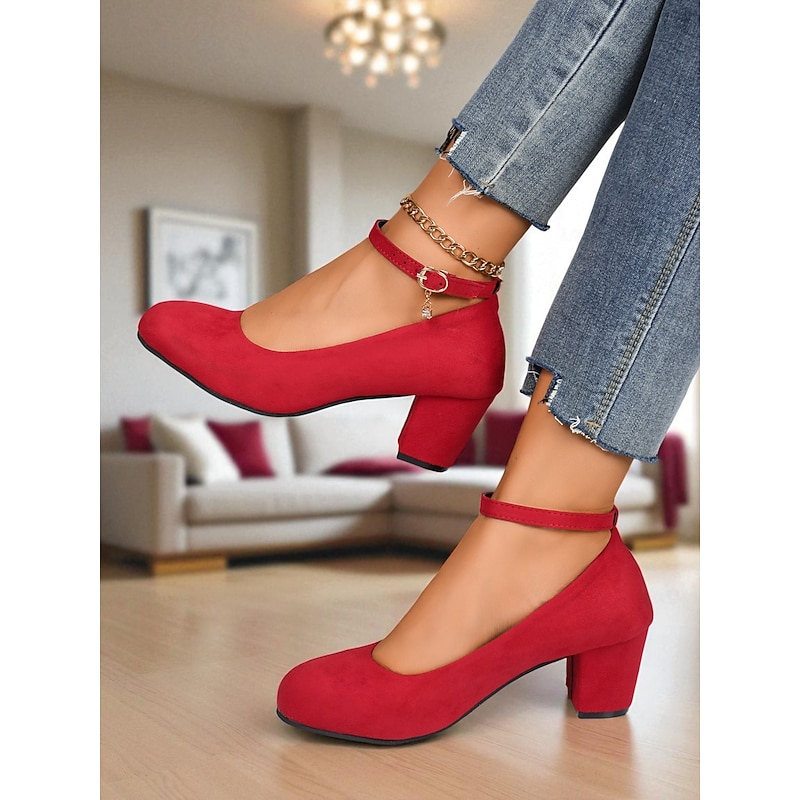 Women's Red Block Heel Mary Jane Pumps - Faux Suede Round Toe Dress Shoes with Ankle Strap, Vintage Style for Office,Parties and Daily Wear4