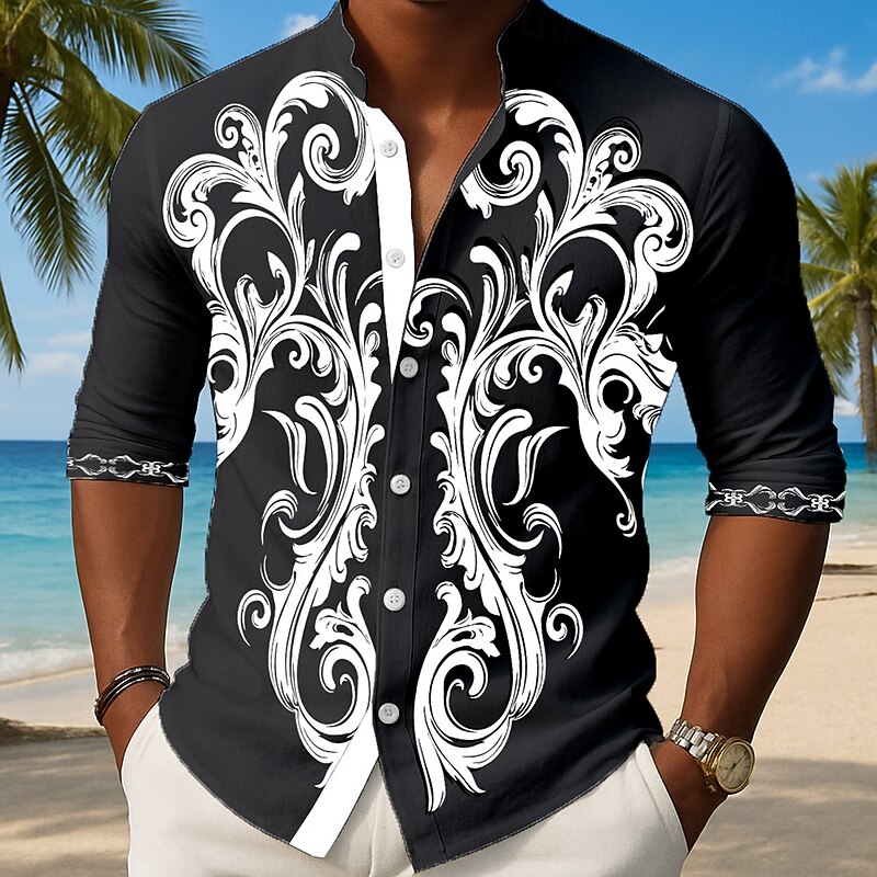 Men's Paisley Floral Print Flowers Shirt Button Up Shirt Stand Collar Shirt Long Sleeve Ethnic Vintage Retro Outdoor Vacation Daily Spring Fall Mandarin Collar Band Collar 3D Print Linen Like Shirt2