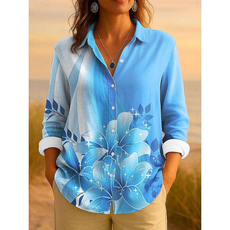 Women's Shirt Button Down Tunic Shirt Collar Long Sleeve Floral Graphic Elegant Vintage Tropical Regular Tops Work Daily s Print Pink Blue Purple Green Spring