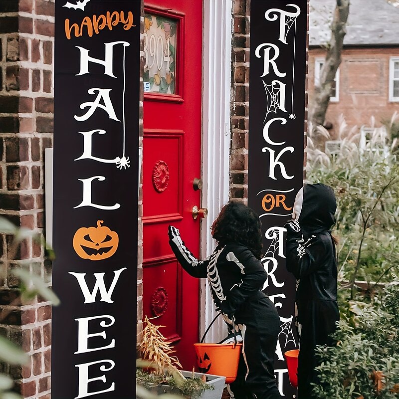 1 Pair Halloween Decorations Outdoor Banner Trick Or Treat Happy Halloween Decorations Hanging Banner Front Door Porch Yard Sign Indoor Home Wall Decor Halloween Party Welcome Sign4