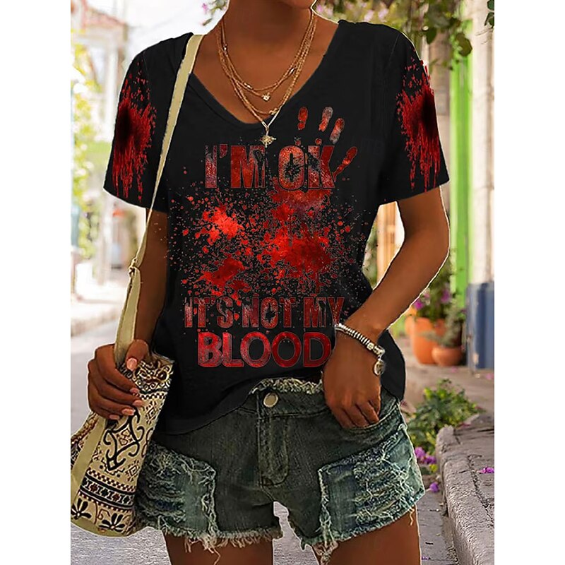 Halloween Women's T Shirt Bloodstain Graphic Letter Vintage Stylish Classic Short Sleeve V Neck Regular Tops Daily Print Black White Blue Green Gray Summer Spring2