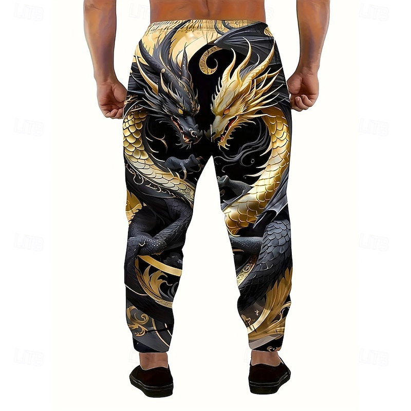 Men's Animal Dragon Sweatpants Joggers Trousers Mid Waist Drawstring Elastic Waist Casual Jogging Streetwear Workout Athletic Sweatpants with Pockets Spring Fall 3D Print Gold4