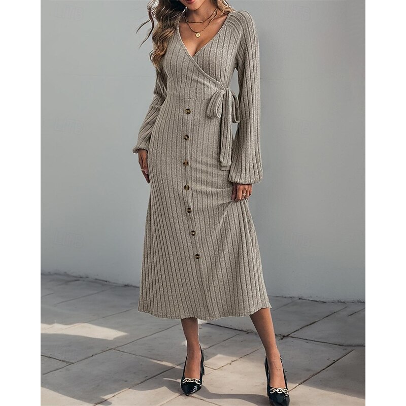 Women's Midi Dress Knit Dress Casual Dress Fashion Modern Daily Date Weekend Regular Fit Plain Long Sleeve V Neck Khaki Fall Winter3
