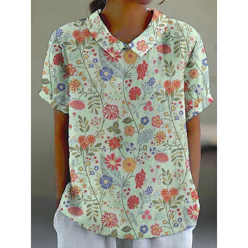 Women's Shirt Floral Daily Casual Short Sleeve Shirt Collar Regular Tops Daily Holiday Buttons Print Light Green Pink Red Blue Purple Summer Spring - Main Image