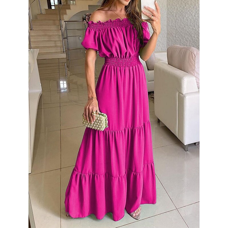 Women's Long Dress Maxi Dress Cocktail Dress Wedding Guest Dress Chiffon Swing Dress Fashion Modern Outdoor Vacation Daily Regular Fit Plain Short Sleeve Off Shoulder Yellow Blue Fuchsia Green Summer3