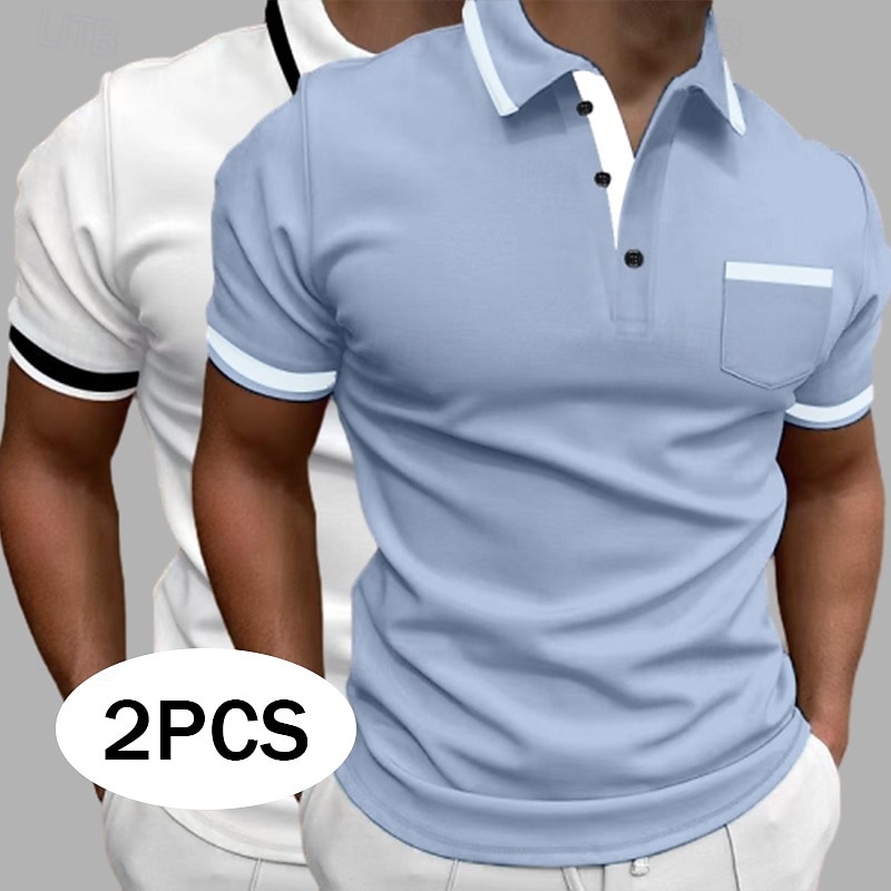 2 Pieces Men's Color Block Polo Shirts Pocket Golf Shirt Short Sleeve Lapel Fashion Basic Comfortable Sports & Outdoor Casual Athleisure Front Pocket Summe