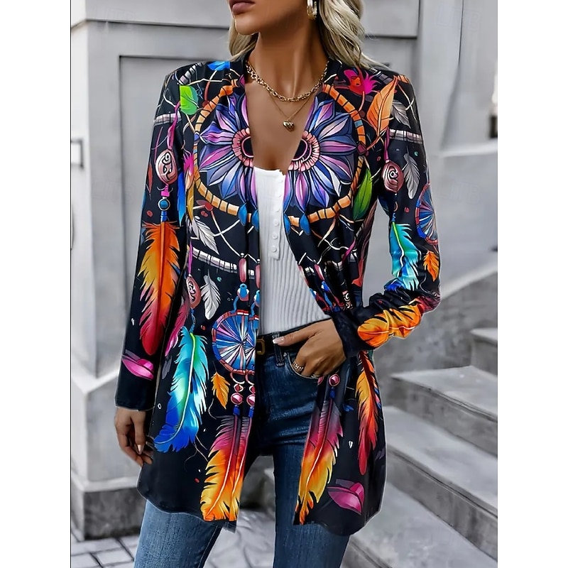 Women's Trench Coat Lightweight Comfortable Print Active Vintage Artistic Casual Color Gradient Casual Long Collarless Loose Fit Long Sleeve Outerwear Black Blue Purple Spring Fall3