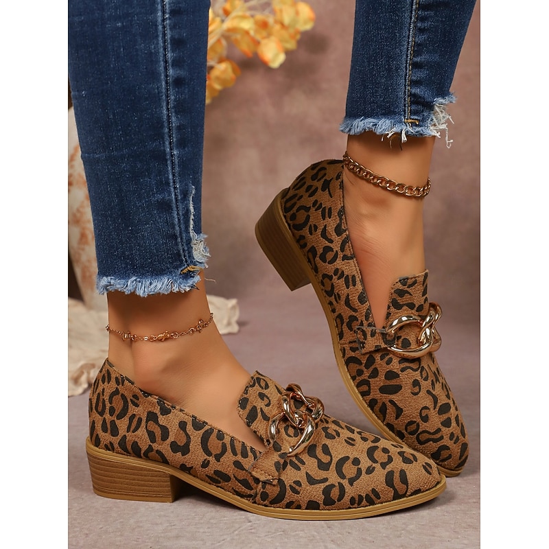 Leopard Print Faux Suede Loafers for Women – Chic Slip-On Shoes with Gold Chain Detail and Block Heel, Stylish Casual Footwear3