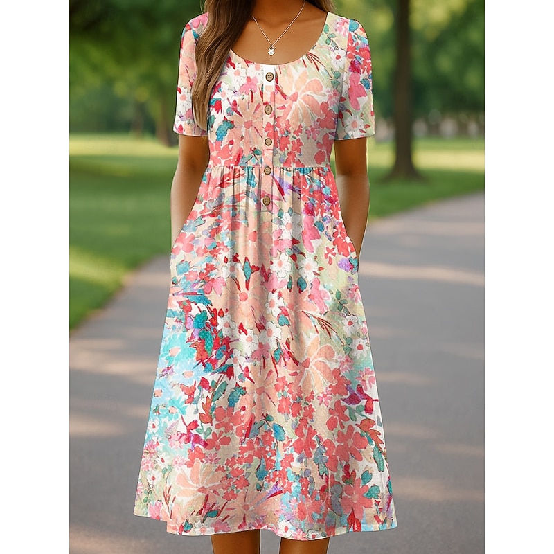Women's Midi Dress Knit Dress Casual Dress Sundress A Line Dress Vacation Casual Beach Holiday Regular Fit Floral Graphic Short Sleeve Crew Neck Black Red Orange Beige Summer Spring