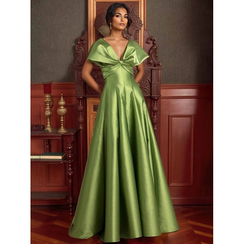 A-Line Evening Gown Elegant Dress Formal Wedding Floor Length Off Shoulder V Neck Stretch Satin with Pocket