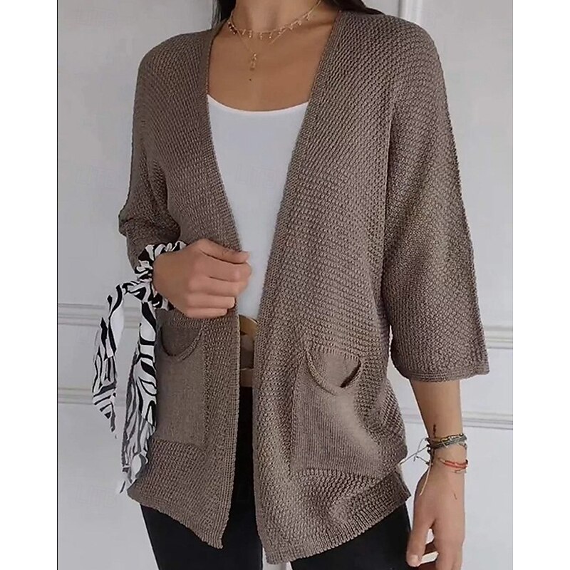 Women's Sweater Cardigan Fashion Streetwear Daily Solid Color Ribbed Open Front Knitted 3/4 Length Sleeve Regular Tops Knit Holiday Going out Weekend Black White Spring Fall3