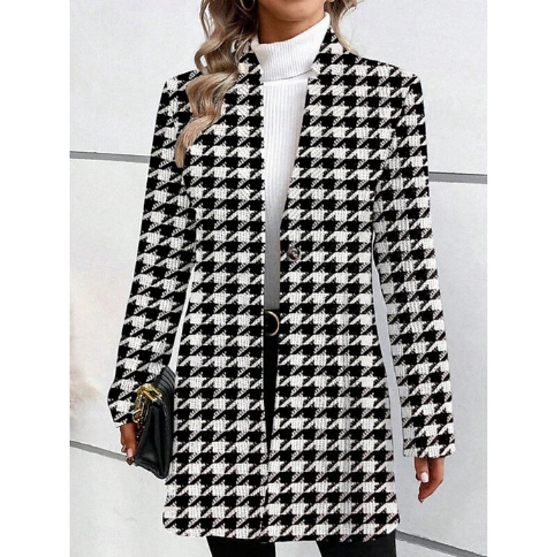 Women's Casual Jacket Comfortable Breathable Print Casual Plaid Vacation Street Daily Wear Going out Open Front Regular Stand Collar Regular Fit Long Sleeve Outerwear Black Khaki Summer Spring3