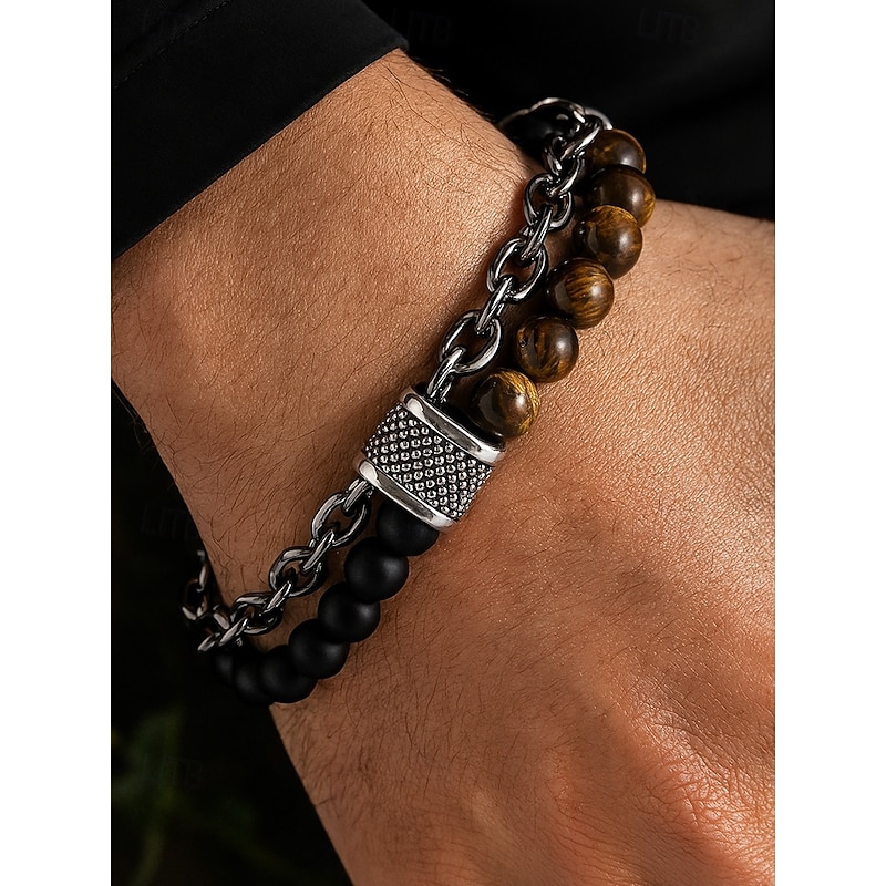 Men's Natural Stone Beaded Chain Bracelet – Dual-Strand Adjustable Wristband with Toggle Clasp for Casual, Streetwear and Party Fashion