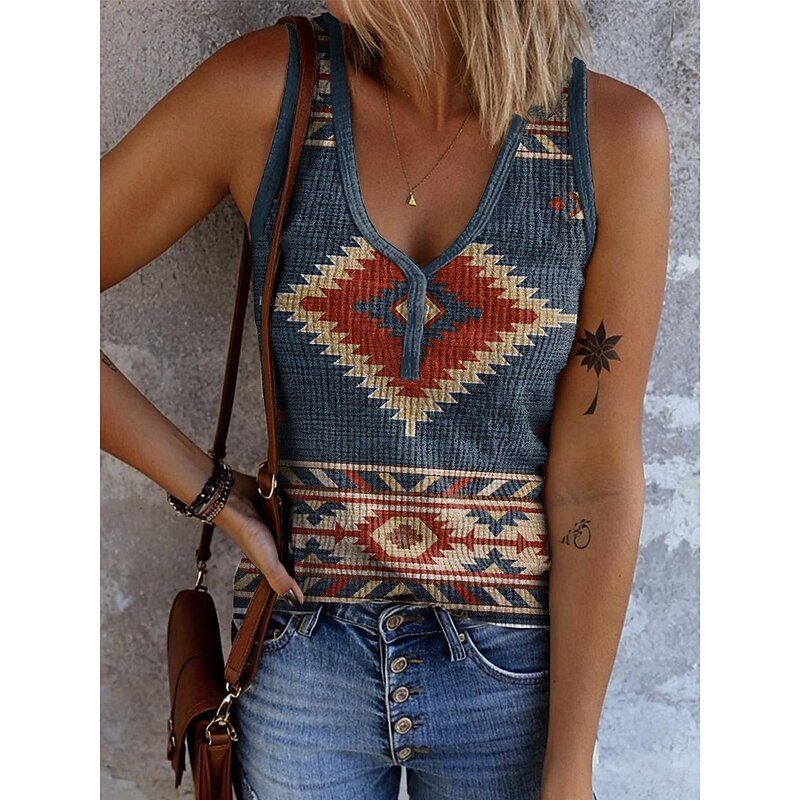 Women's Camisole Tank Top Graphic Geometric Vintage Stylish Ethnic Sleeveless V Neck Regular Tops Daily Print Black Navy Blue Blue Orange Brown Summer Spring4