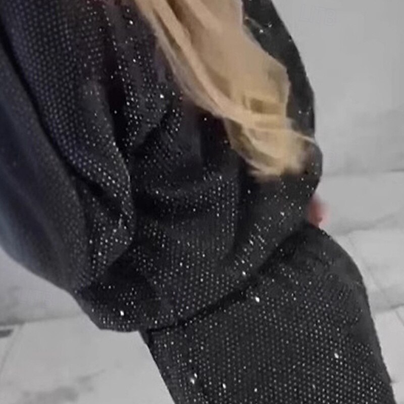 Women's Fashion Streetwear Pants Sets Long Sleeve Crew Neck Plain Sequins Daily Wear Date Black Summer Regular Fit3