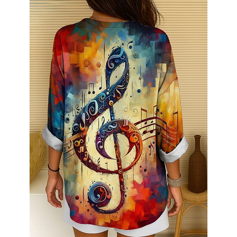 Music Festival Women's Blouse Long Sleeve Tunic Ombre Graphic Geometric Elegant Vintage Tropical Long Sleeve V Neck Regular Tops Daily Holiday Print Yellow Blue Fuchsia Summer Spring2