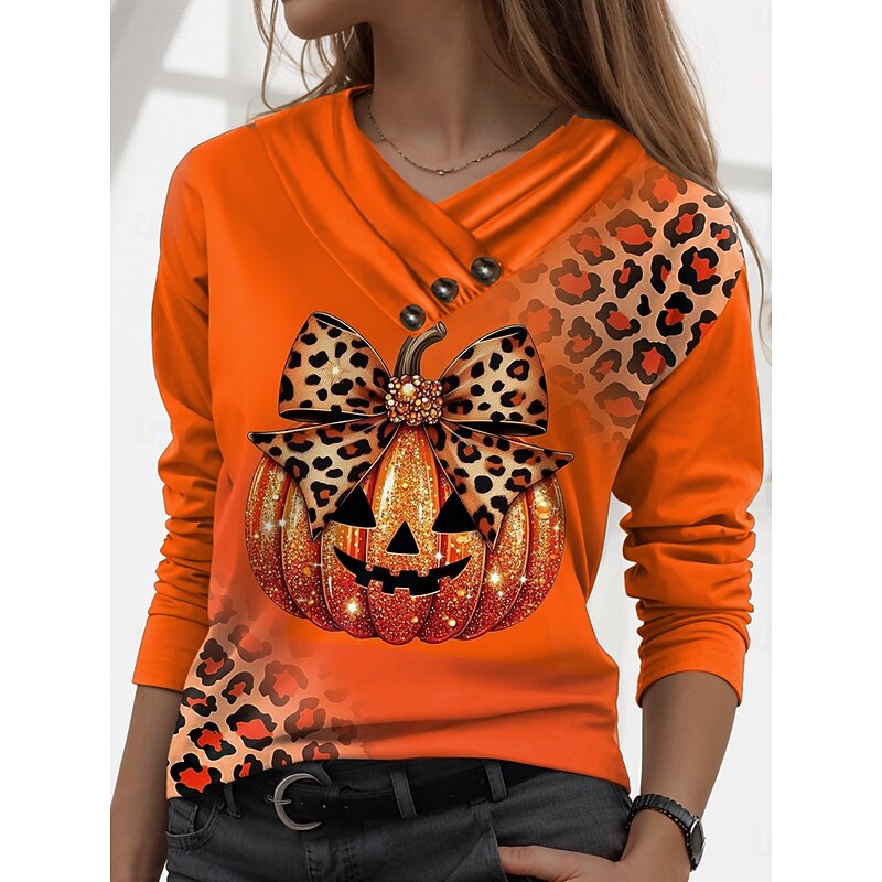 Halloween Women's T shirt Pumpkin Vintage Stylish Casual Long Sleeve V Neck Regular Tops Daily Buttons Print Black Yellow Orange Fall Winter