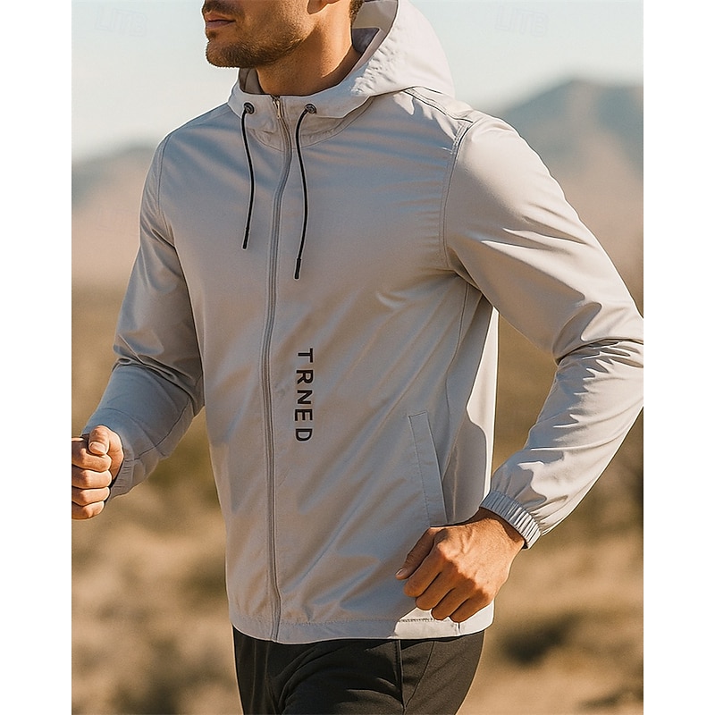 Men's Running Jacket Outdoor Jacket Drawstring Pockets Long Sleeve Outerwear Athletic Fall Solid Colored Sun Protection Lightweight Moisture Wicking Fishing Hiking Running Sportswear Activewear White3