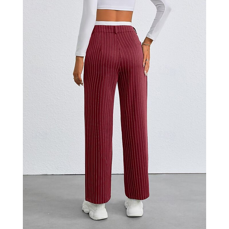 Women's Wide Leg Slacks Pants Trousers Fashion Streetwear Full Length High Waist Striped Pocket Breathability Comfortable Street Daily Wear Going out Wine Black White Navy Blue Summer Spring Regular4