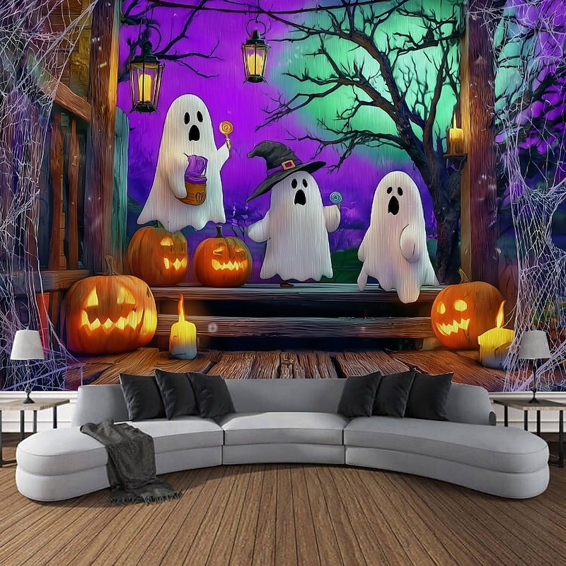 Halloween Blacklight Wall Tapestry – UV Reactive Three Cute Ghosts with Pumpkins in Haunted Graveyard, Neon Colors Spooky Night Scene, Glow in the Dark Wall Hanging for 2025 Halloween Decoration2
