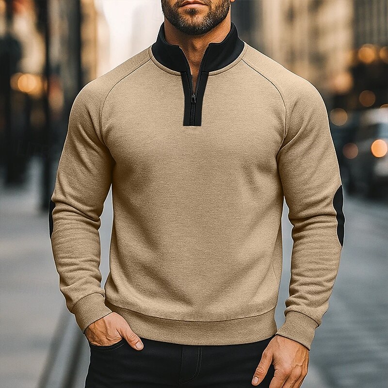 Men's Sweatshirt Quarter Zip Sweatshirt Black Navy Blue Camel Light Grey Dark Gray High Neck Plain Patchwork Sports & Outdoor Casual Daily Streetwear Cool Designer Spring &  Fall Clothing Apparel4