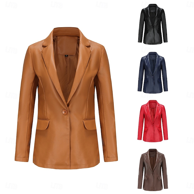 Women's Faux Leather Jacket Comfortable Buttons Fashion Modern Plain Work Daily Regular Turndown Regular Fit Long Sleeve Outerwear Black Red Camel Spring Fall