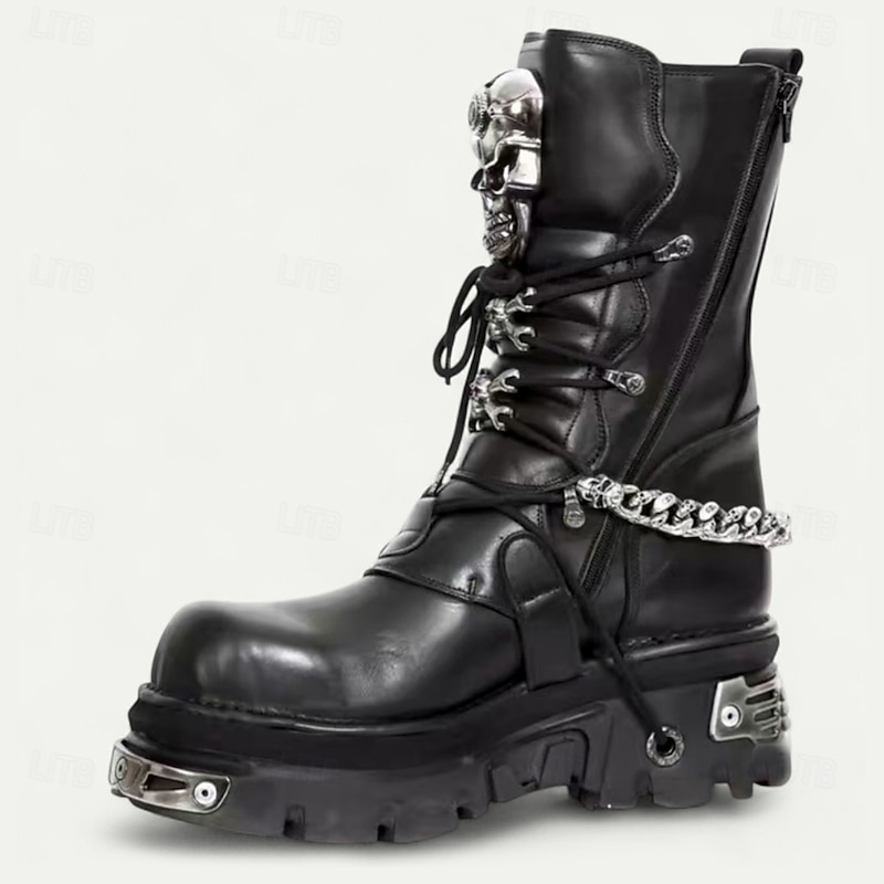 Men's Black Gothic Combat Boots with Skull Buckles – Punk Style Lace-Up Ankle Boots for Motorcycle Riding and Halloween4