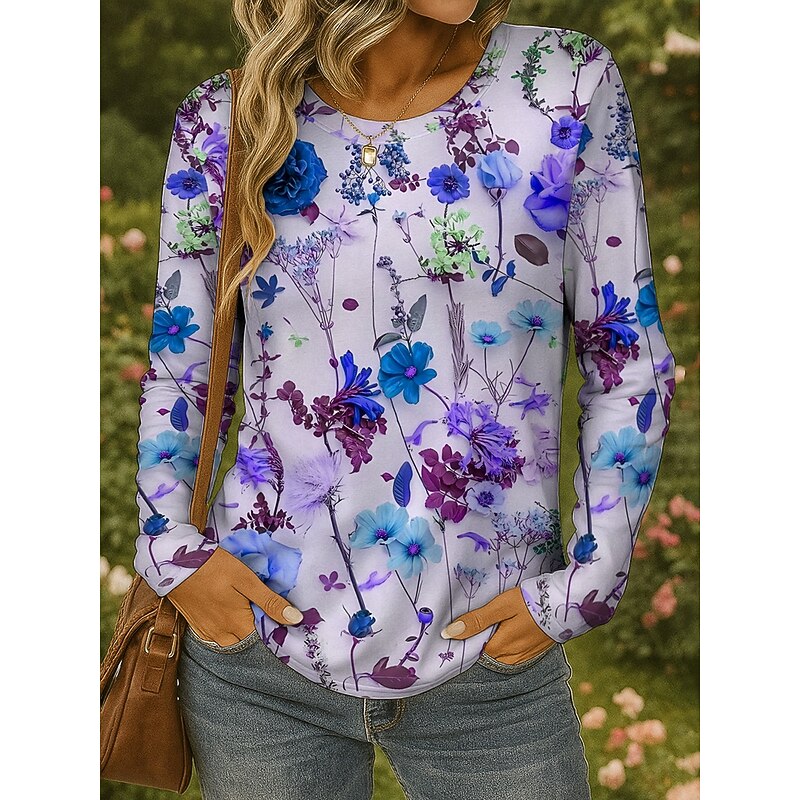 Women's T shirt Long Sleeve Crew Neck Long Sleeve Tunic Floral Graphic Plants Vintage Stylish Classic Round Neck Regular Tops Daily Print Yellow Red Blue Purple Green Fall Prefall4