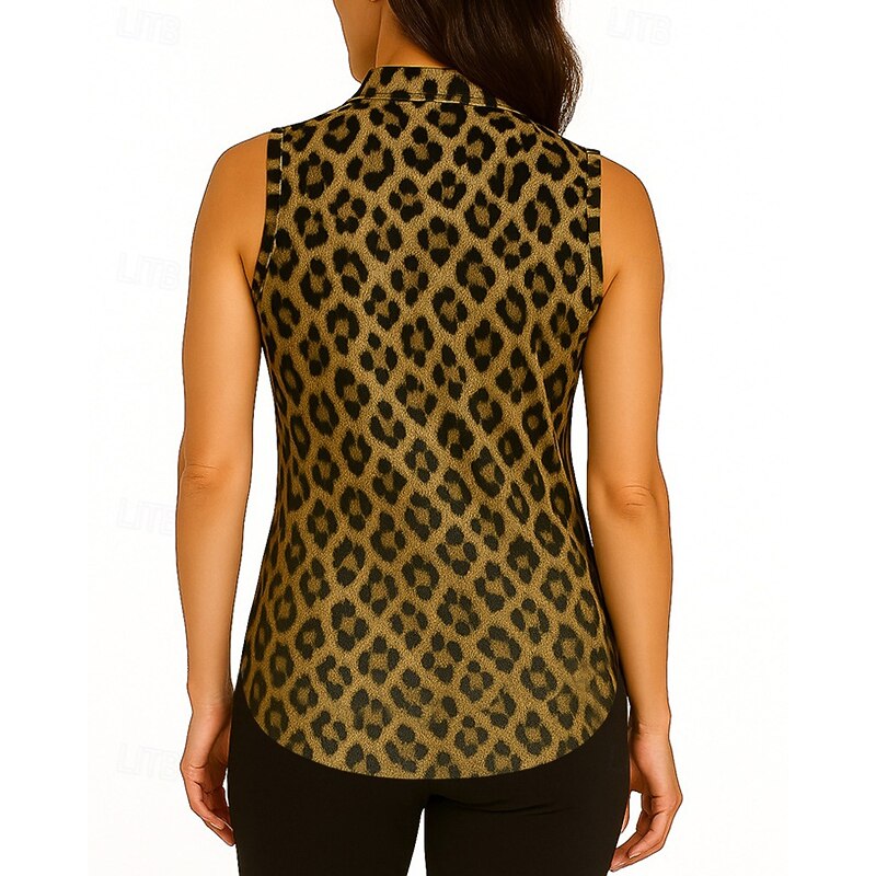 Women's Leopard Golf Polo Shirt Tennis Shirt Tennis Tank Top Sleeveless Print Shockproof High Elasticity Breathable Tennis Golf Pickleball Zip Collar Shirt Polo Brown Tennis Clothing2