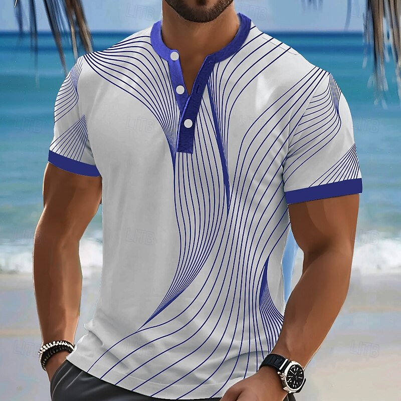 Men's Abstract Geometrical T Shirt Henley Shirt Short Sleeve Designer Retro Vintage Casual Street Casual Daily Summer Spring Lake blue Black Red Navy Blue Henley Henley T-Shirt4