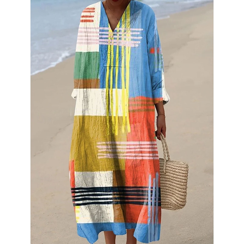 Women's Midi Dress V Neck Long Sleeve Kaftan Lightweight Loose Fit Casual Dress A Line Dress Casual Boho Party Loose Fit Graphic Geometric Abstract Long Sleeve V Neck Yellow Pink Blue Brown Fall