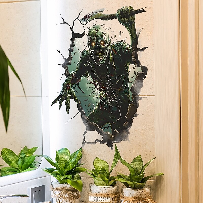 Halloween 3D Broken Wall Decal, Zombie with Axe Wall Stickers for Bedroom Living Room Entryway, Scary Self-Adhesive Halloween Wall Decor for Home Party3