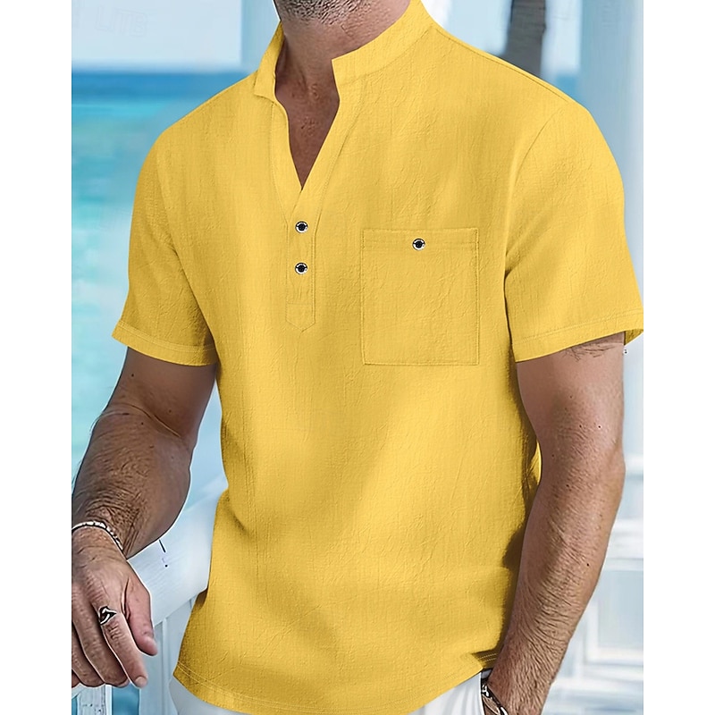 Men's Shirt Linen Shirt Popover Shirt Casual Shirt Cotton Shirt Plain Vacation Street White Yellow Pink Apricot Short Sleeve Band Collar Summer Clothing Apparel Pocket
