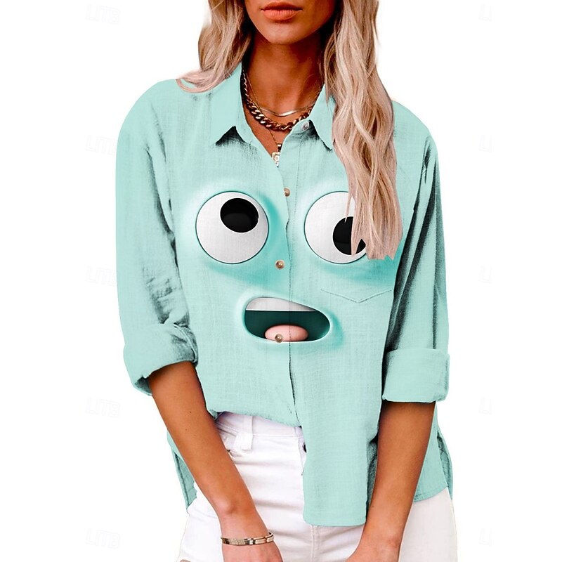 Women's Cartoon Funny Smile Face Shirt Collar Regular Tops Daily Holiday Buttons Print Blue Light Blue Summer Spring Fall3