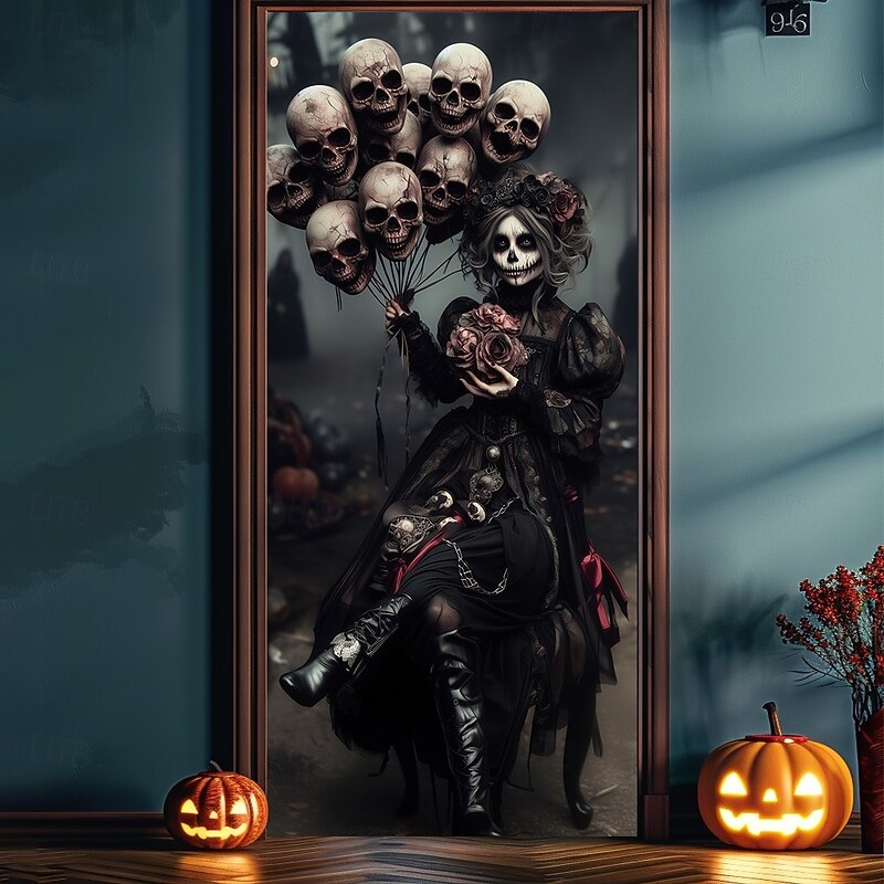 Halloween Door Cover – Skeleton Warrior in Armor, Haunted House Entrance Banner, Scary Outdoor 2025 Halloween Decoration for Bedroom, Living Room, Bathroom