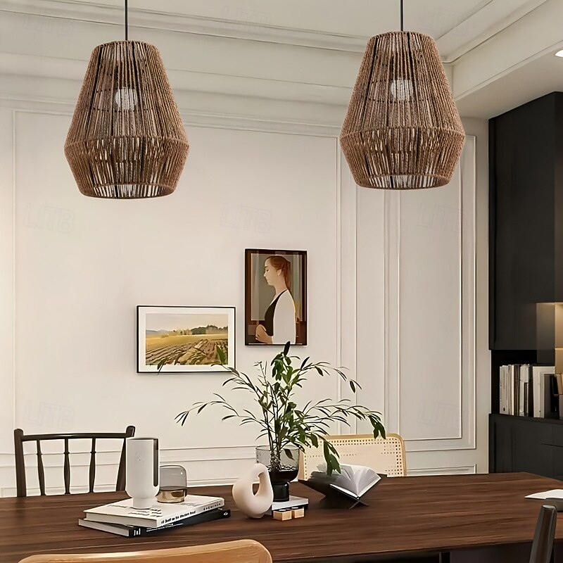 Country Vintage Pendant Light, Metal Braided Rope Material, 31cm Height, Warm White/White Light, E26 E27, Adjustable Chain