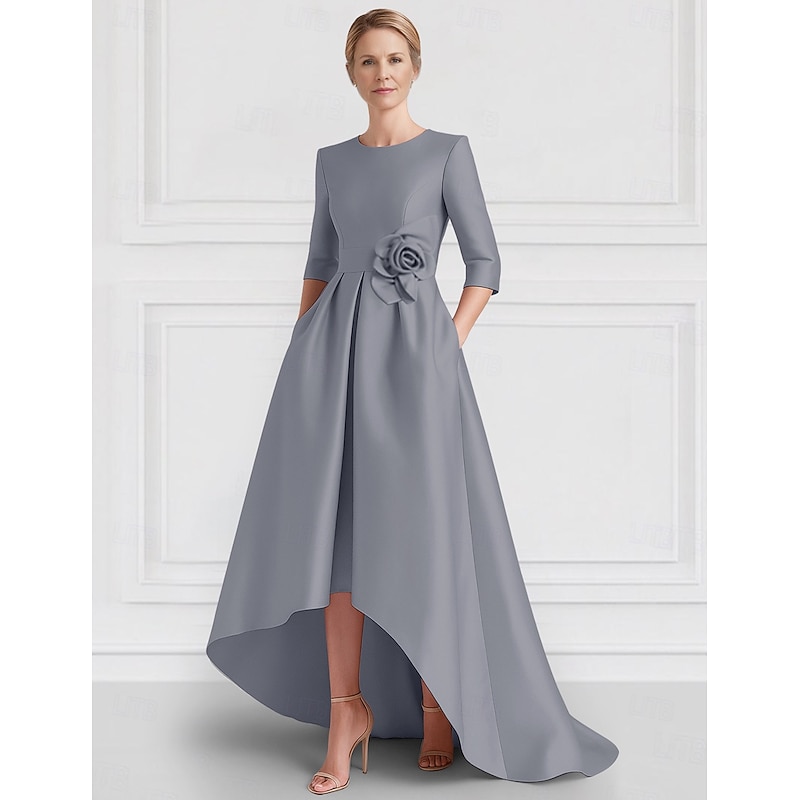 A-Line Evening Gown Elegant Dress Formal Wedding Asymmetrical Half Sleeve Crew NeckMother Of the Bride Dress Stretch Satin with Pocket