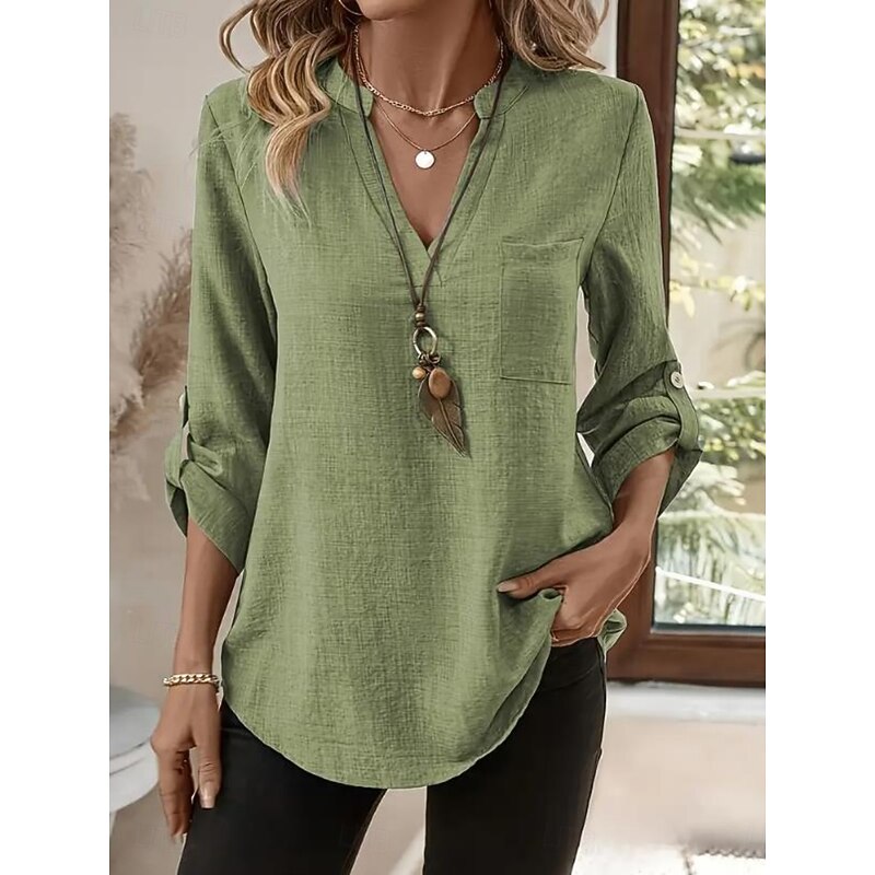 Women's Shirts Solid Color Stylish Casual Long Sleeve V Neck Regular Tops Daily Buttons Blue Purple Green Khaki Beige Summer Spring