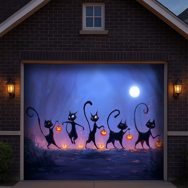 Halloween Garage Door Cover Black Cat Silhouettes Banner, Large Tapestry Backdrop Decoration for Holiday Outdoor Garage Door and Home Wall, 2025 Halloween Decorations4