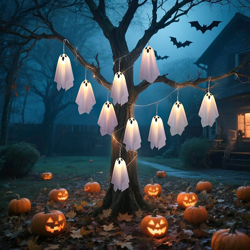 1 Pc Halloween 2.5M 10 luminous hanging ghost ghost light string AAA waterproof battery box 8 function remote control indoor and outdoor courtyard party Halloween atmosphere decoration light3