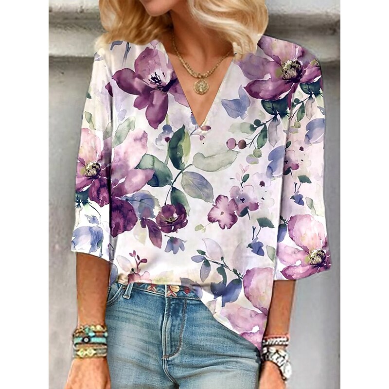Women's Blouse Button Down Floral Graphic Elegant Stylish Basic 3/4 Length Sleeve V Neck Regular Tops Daily Holiday Going out Print Wine Purple Green Summer Spring