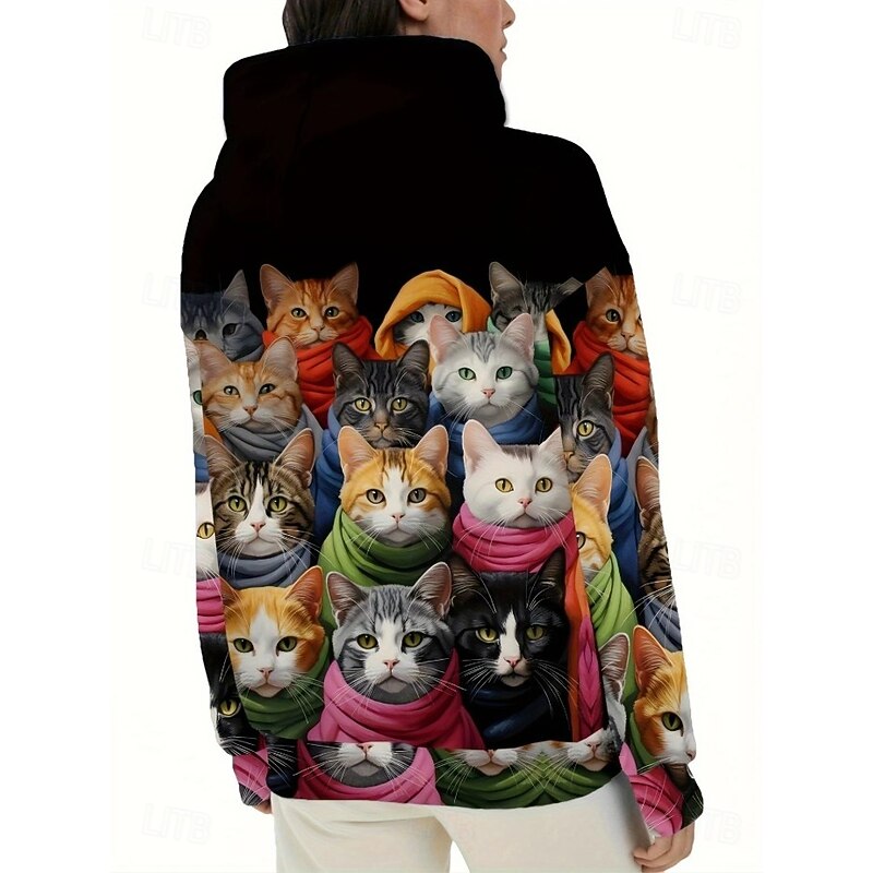 Women's Hoodie Pullover Sweatshirt Oversized Long Sleeve Casual Graphic Animal Cat Vintage Fashion Western Hooded Regular Tops Street Dailywear Print Front Pocket Black Fall Winter3