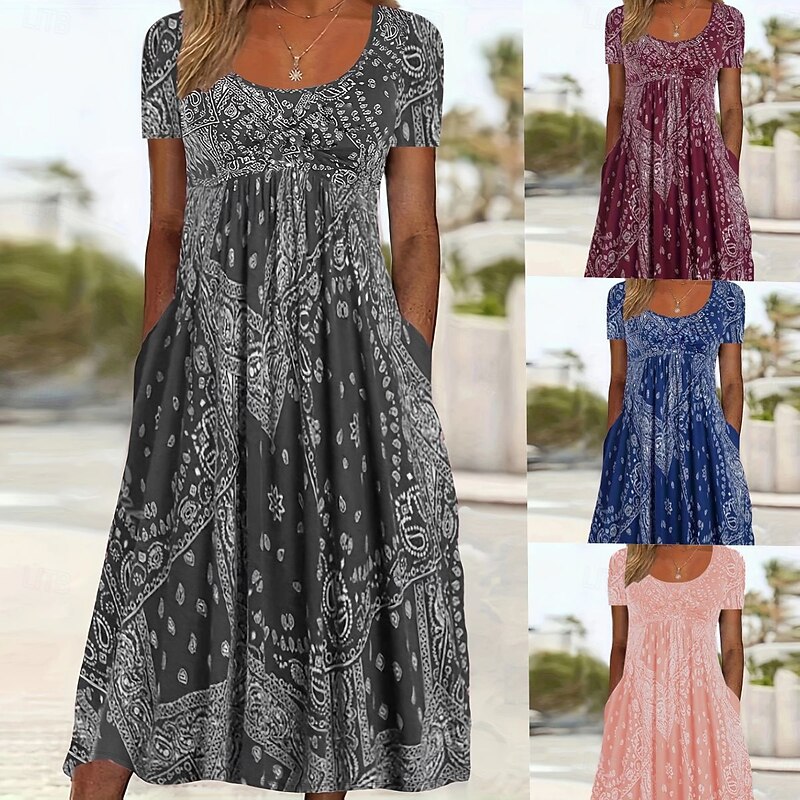 Women's Midi Dress A Line Dress Summer Dress Casual Daily Regular Fit Paisley Short Sleeve Square Neck Pink Red Blue Gray Summer